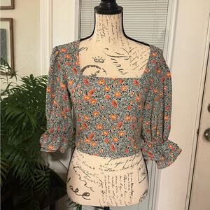 NWT Sienna Sky Dusty Blue Orange Floral Fall Crop Top, Elbow Puff Sleeve, Size S